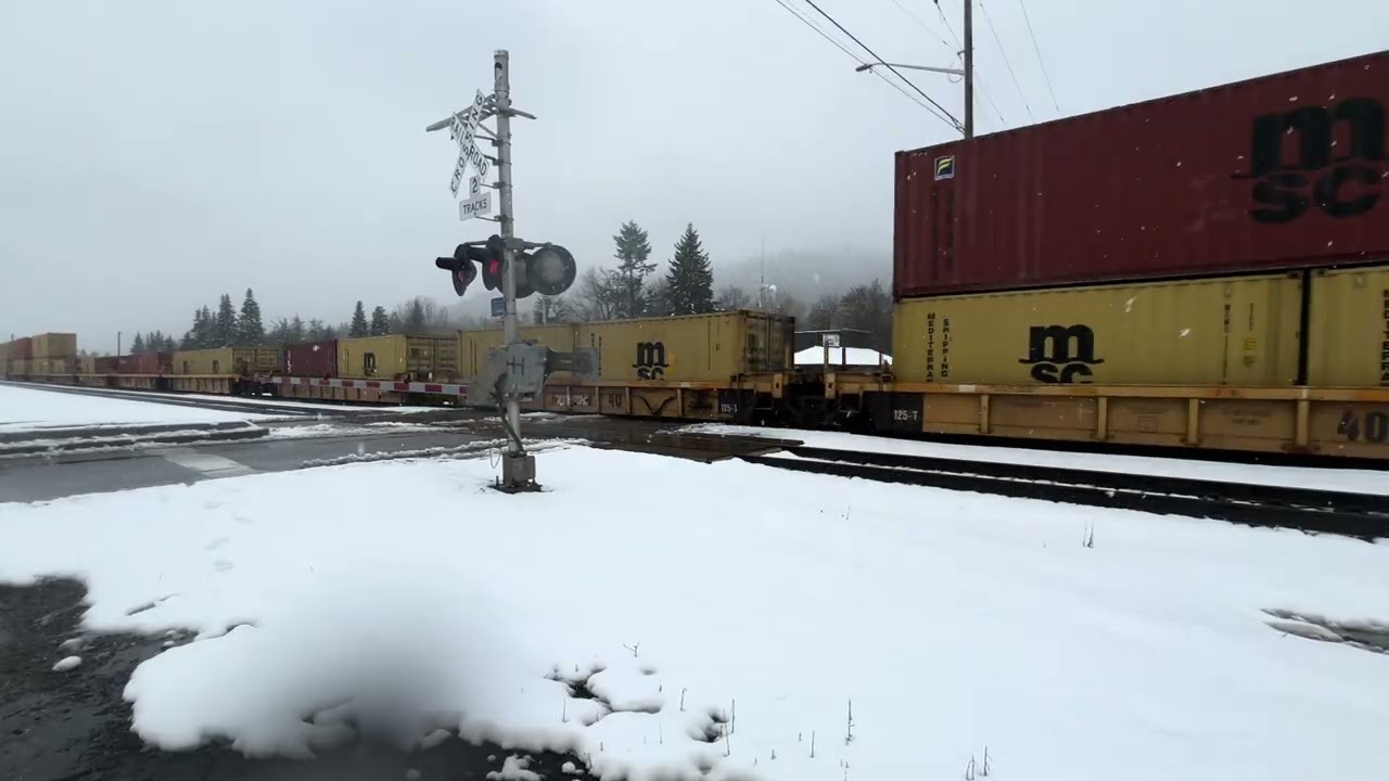 BNSF container train in ￼Rathdrum ￼in the snow ￼