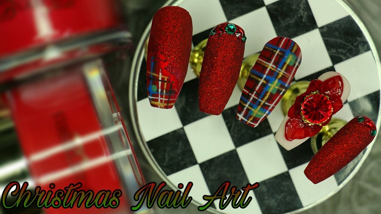 12 Days of Christmas Nails | 3d Acrylic Poinsettia | Tartan Gel Nail art