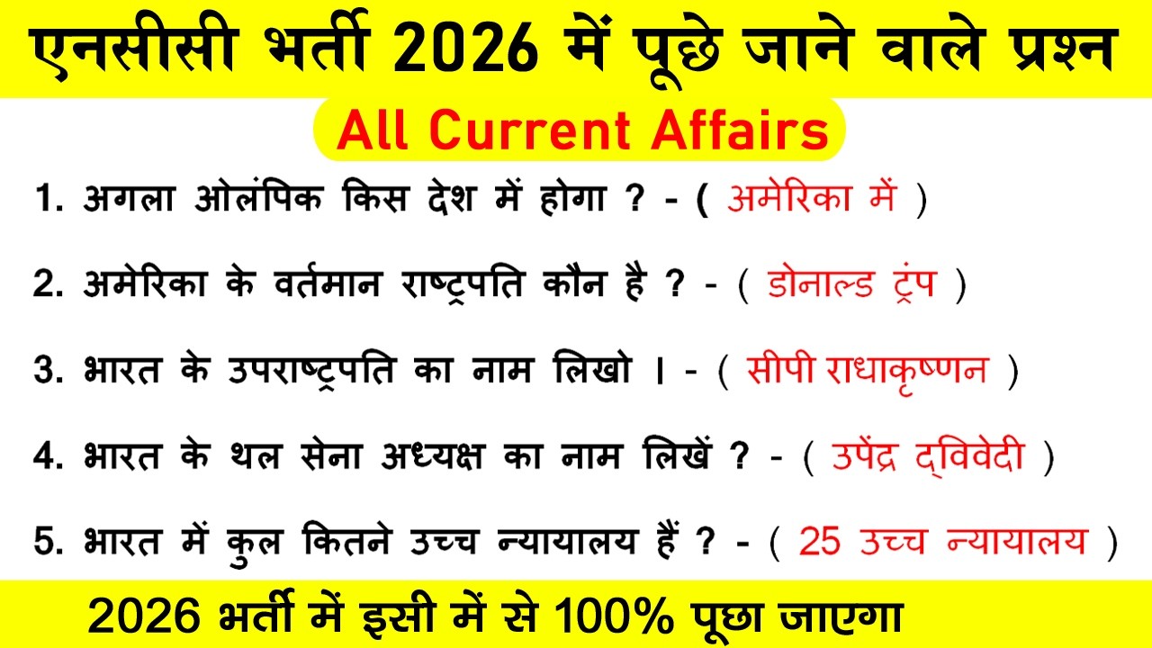 ncc exam current affairs 2026 | #ncc #bharti #questions | 50 questions for a, b, c certificate exam