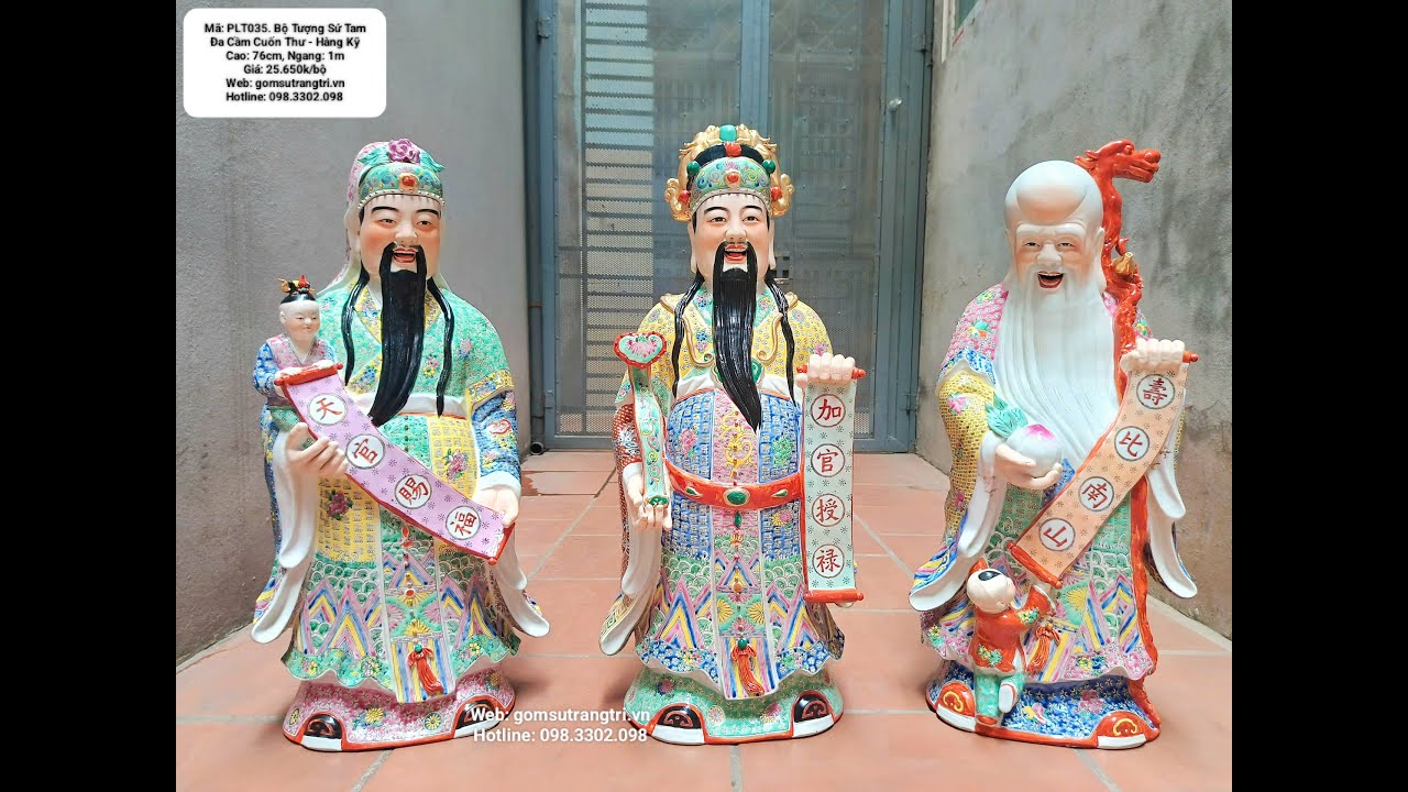 Bộ Tượng Sứ Tam Đa Cầm Cuốn Thư - Hàng Kỹ  Tượng Trưng Cho Phúc Lộc, Thọ, An Khang