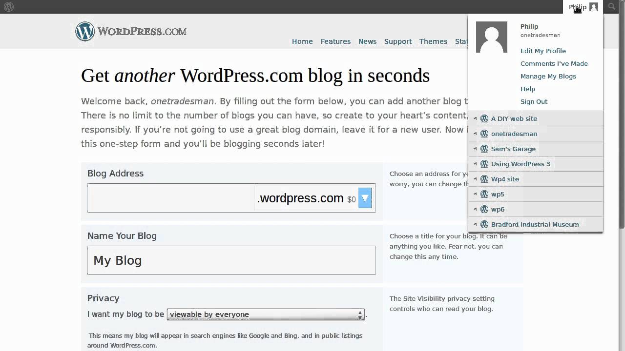 Sign up and login at WordPress.com