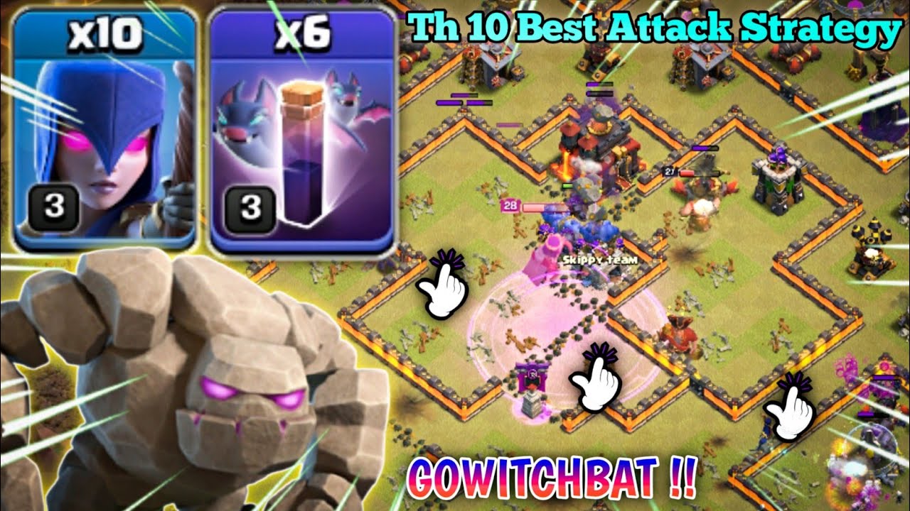 Best Th10 War Attack Strategy 2022 || Th10 Powerful Golem + Witch + Bat Spell Attack Strategy Coc ||