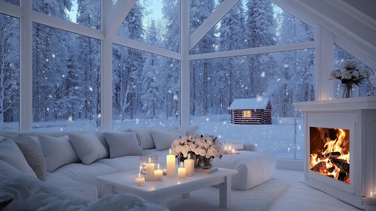 White Lounge Piano Winter Ambience 🎹 | Warm Fireplace, Snow Outside | Focus, Calm & Relief