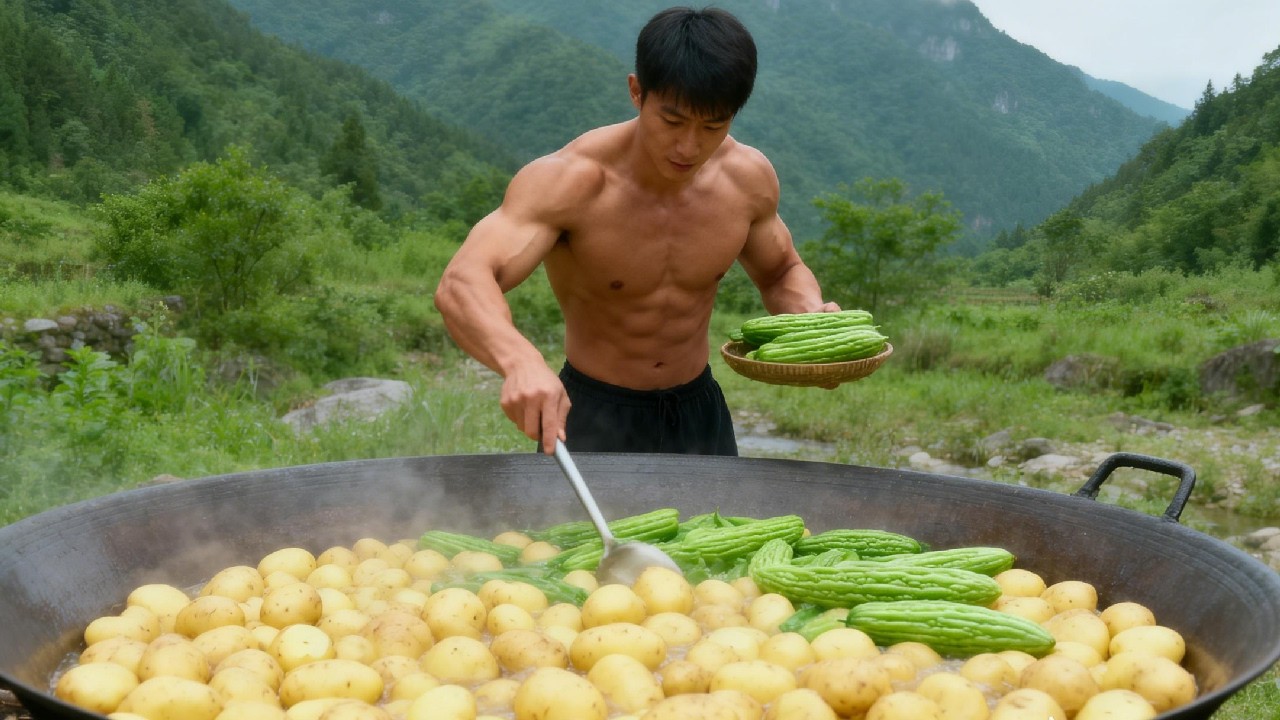 用100个土豆和100根苦瓜！直接做一大锅美食！直接给兄弟吃到爽【林中有猪】