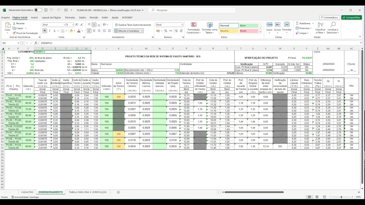 PLANILHA PARA DIMENSIONAMENTO AUTOMÁTICO DA REDE COLETORA DE ESGOTO SANITÁRIO - SES