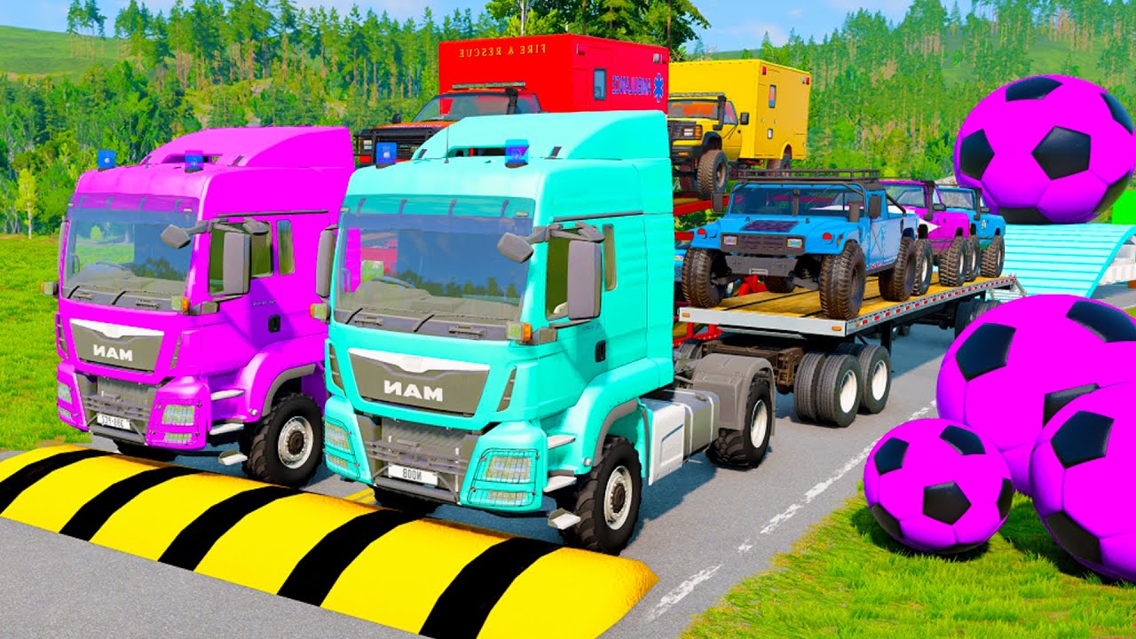 Flatbed Trailer McQueen Transportation with Truck - Speedbumps vs Cars vs Train - BeamNG.Drive #009