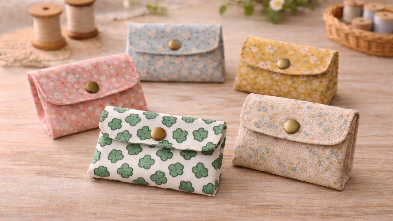 2回縫うだけ！1枚の布で作る簡単カードケースの作り方🌷Only 2 Sewing Lines! Card Case & Pouch from 1 Fabric Piece