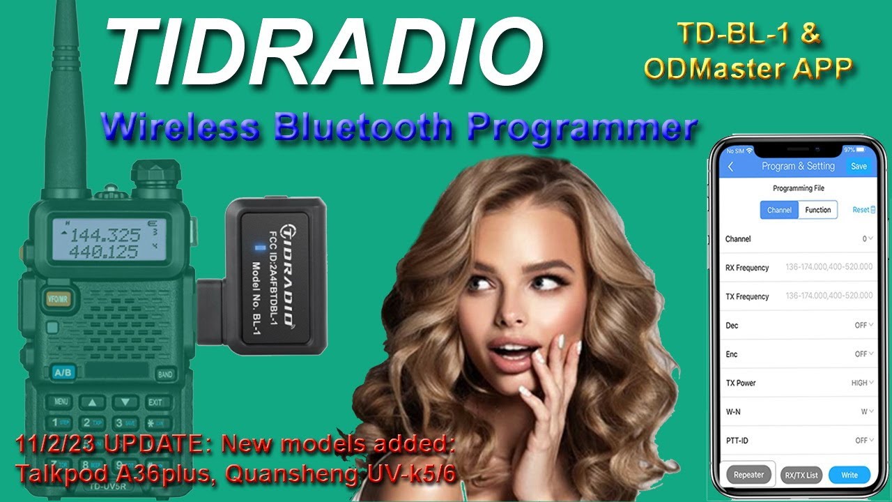 TIDRADIO TD-BL-1 Bluetooth programmer and Odmaster App for many radio models.