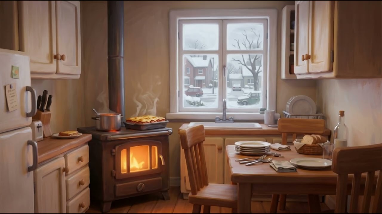 It's 97 Cozy Kitchen Winter Morning | Fireplace Sounds & Family Atmosphere