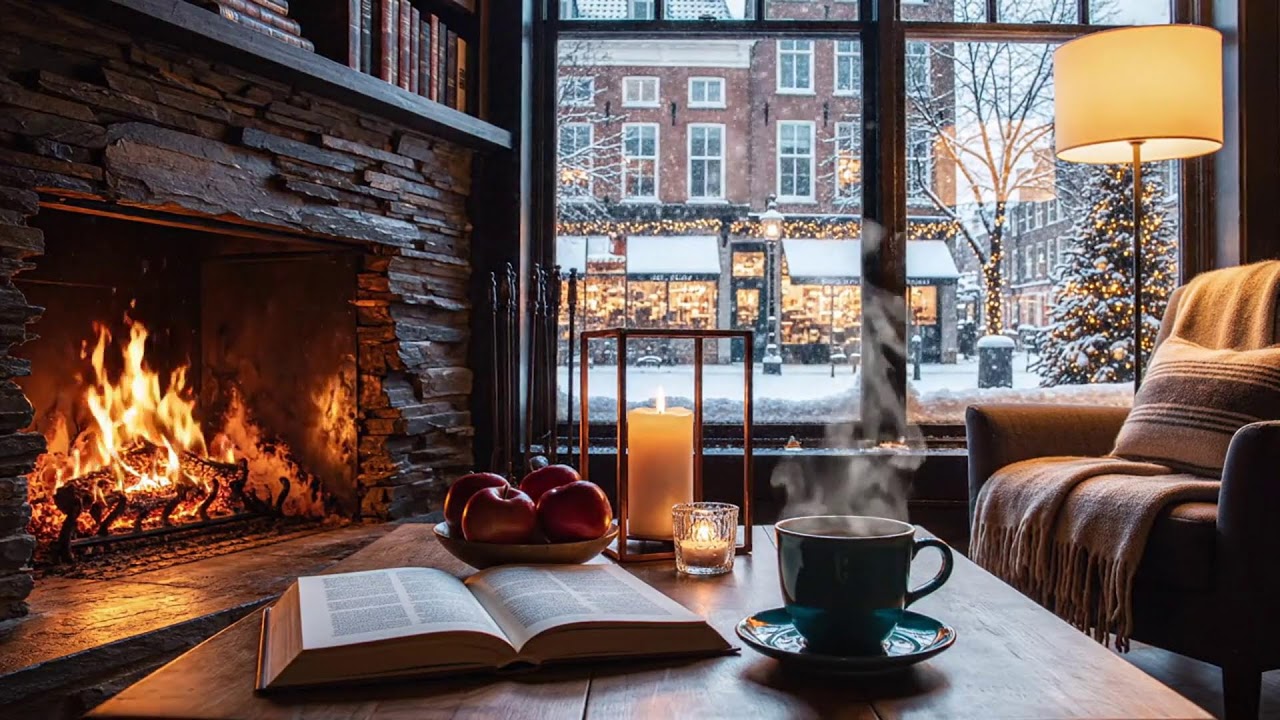 Winter Night Café Sounds ☕ Soft Jazz & Fireplace for Calm Productivity