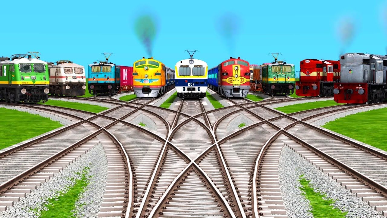 9 Trains Crossing By Diamond Railroad Tracks | Risky Railroad Tracks | 