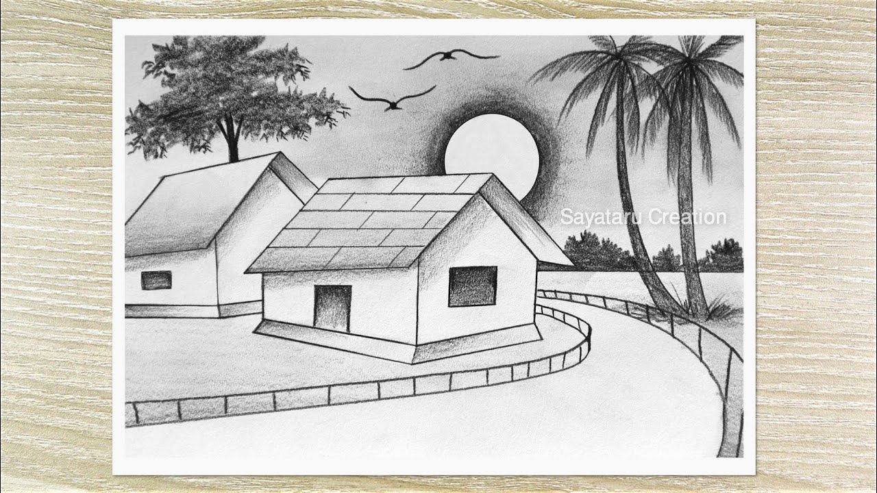 How to draw Beautiful Sunset Scenery with Pencil, Pencil Shading for Beginners