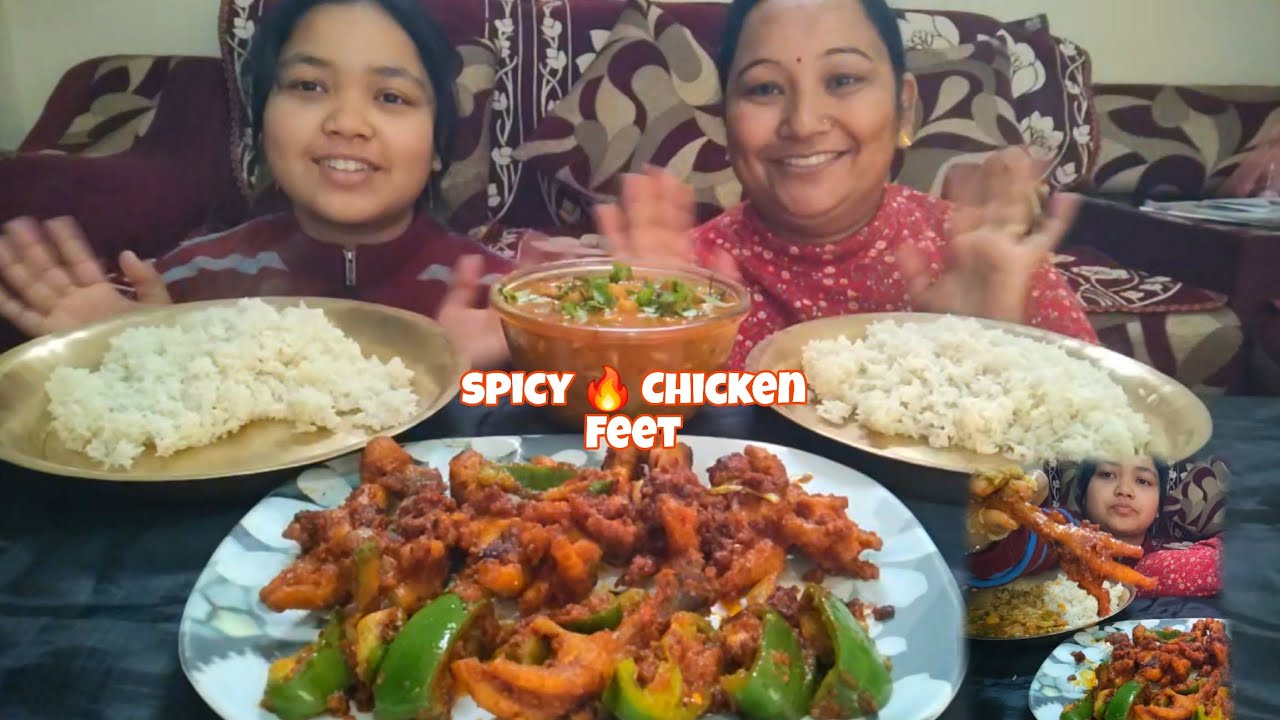 Eating Rice,Chicken Feet And Mushroom Gravy||Spicy 🥵🔥||Family Mukbang 