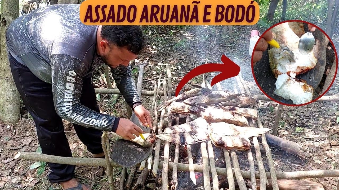 PESCANDO PEIXE ARUANÃ E BODÓ NO LAGO - (PART. FINAL) FAZENDO ASSADO DE PEIXE