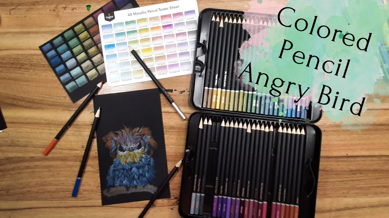 Castle Arts Metallic Colored Pencil 48 set - Drawing a little Wet Angry Bird on Black Paper
