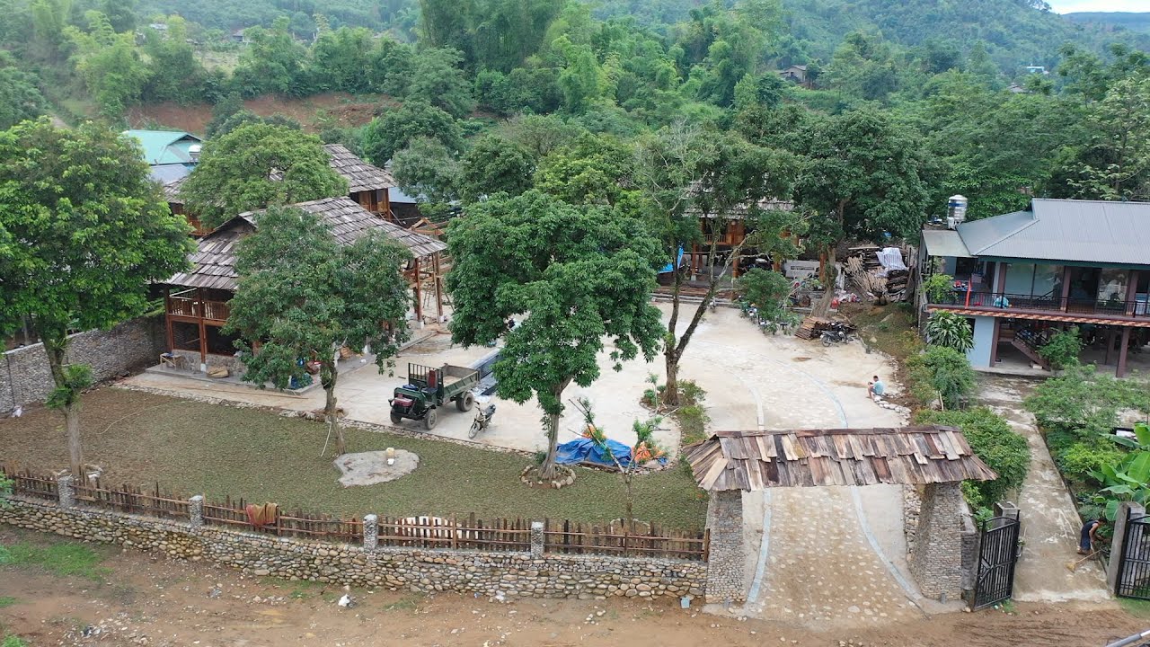 Nhà sàn Gái Bản ( T14 ) | Trồng cỏ hoa xong - Các kỹ sư nhà bắt đầu dàn đòn tay mái cầu gỗ cao vút