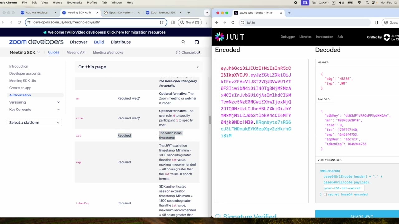 Joining Zoom Meeting SDKs: Encoding JWT
