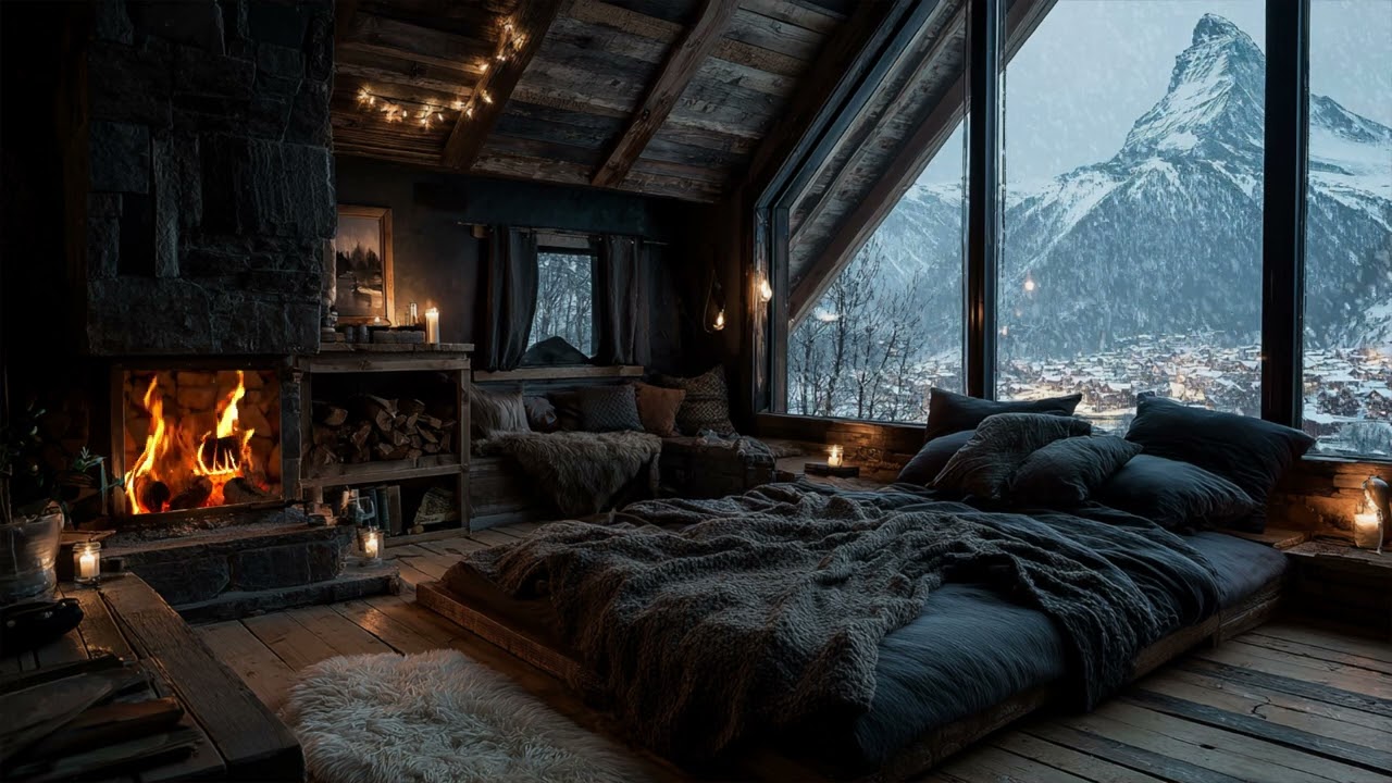 Frozen Nights | Snow-Covered Cabin Ambience with Soft Fire Crackles & Cold Wind ❄️