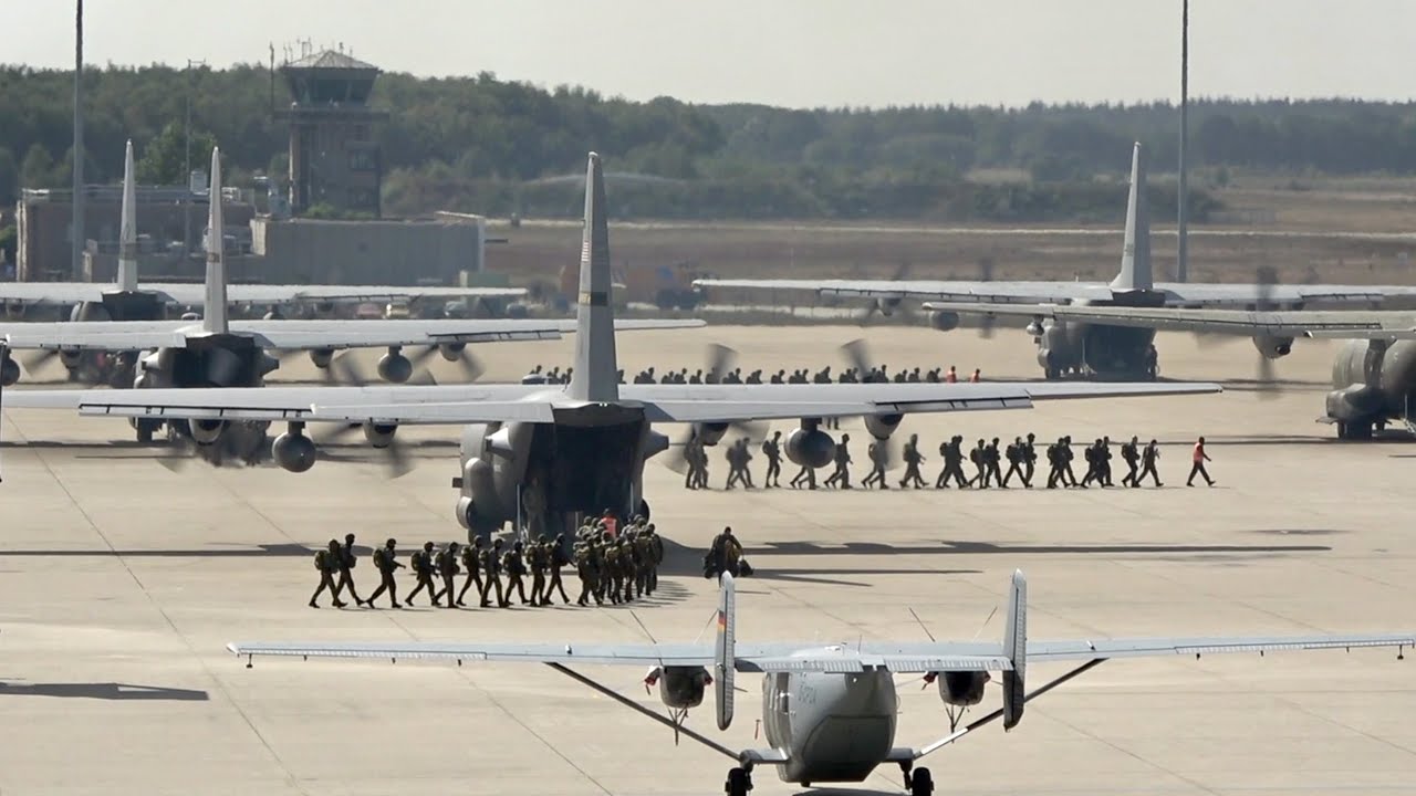 Operation Falcon Leap Paratrooper Exercise C-130 C-160 arrival and takeoff at Eindhoven Airport EHEH