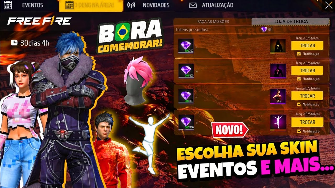 AGORA SIM!! ESCOLHA SUA SKIN GR&Aacute;TIS? CABELOS SOMBRA ROXA, EMOTE DE GRA&Ccedil;A E MAIS, NOVIDADES FREE FIRE