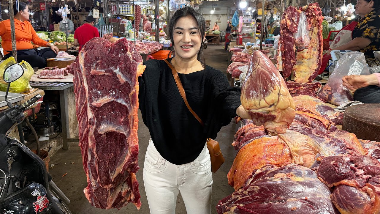Market show: Buy beef and beef heart cooking - BBQ beef cooking by Mommy Sreypov