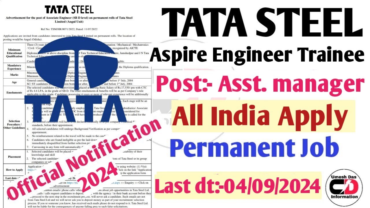 TATA STEEL REQUIREMENTS 2024|| ASPIRE ENGINEER TRAINEE|| OFFICIAL FULL DETAILS