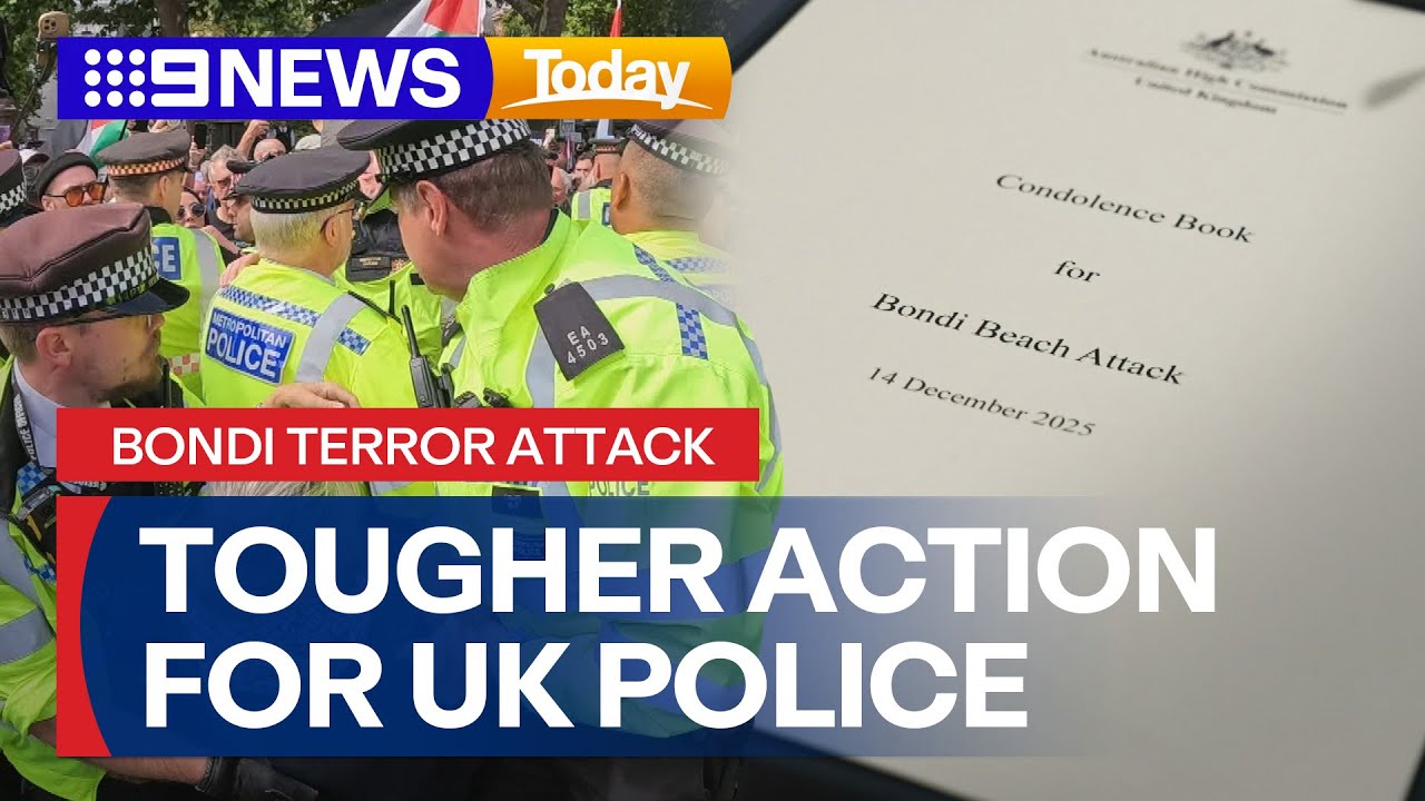 UK police pledge tougher action against protesters after Bondi terror attack | 9 News Australia