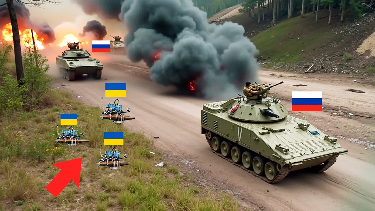 Ukrainian FPV Drone Swarm Destroys Russian Armored Column in Roadside Ambush