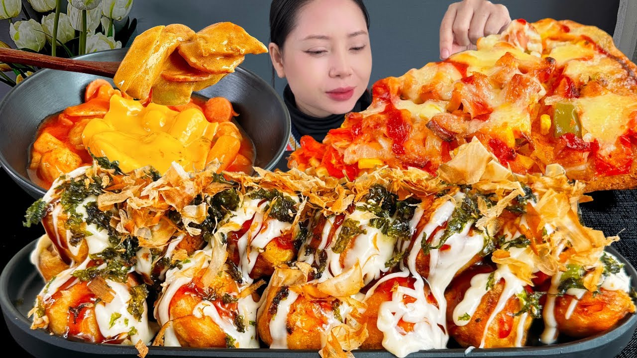 ASMR MUKBANG SAUSAGE PIZZA, CREAMY ROSE TTEOKBOKKI & TAKOYAKI | EATING SOUNDS