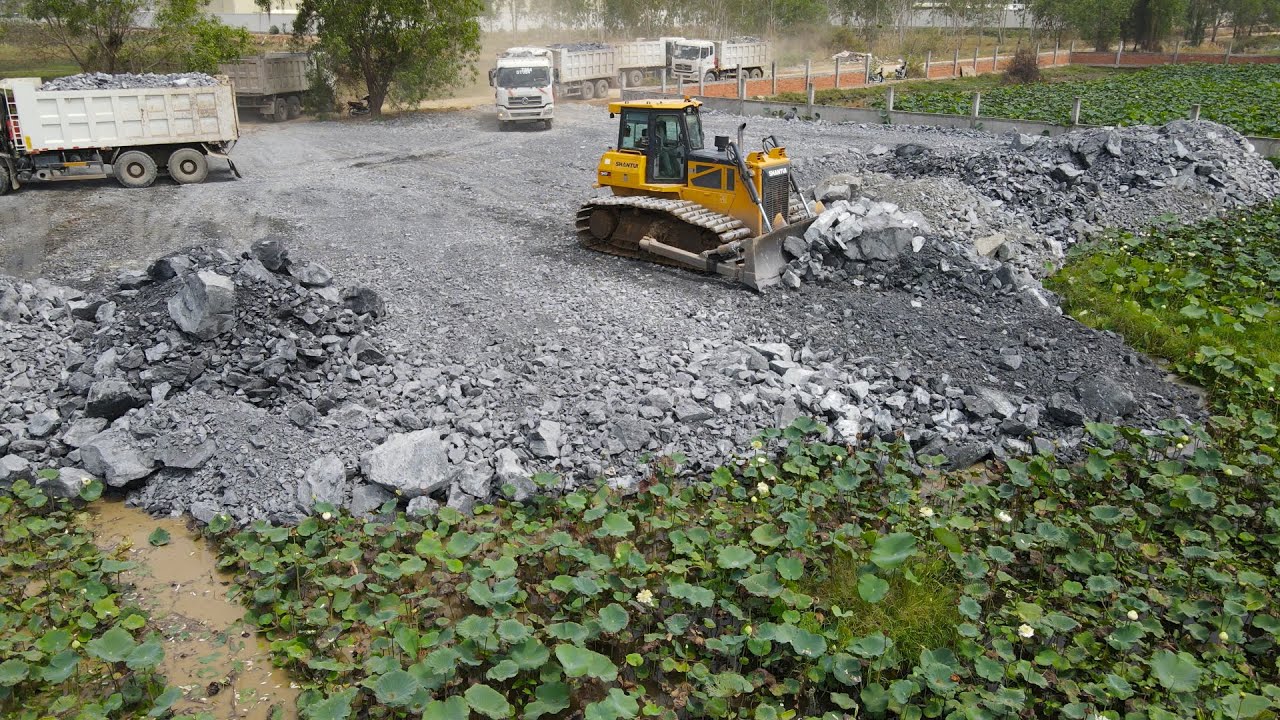 Excellent Team Dump Truck Transport Stone with Skill Operator Bulldozer SHANTUI, Pushing Stone