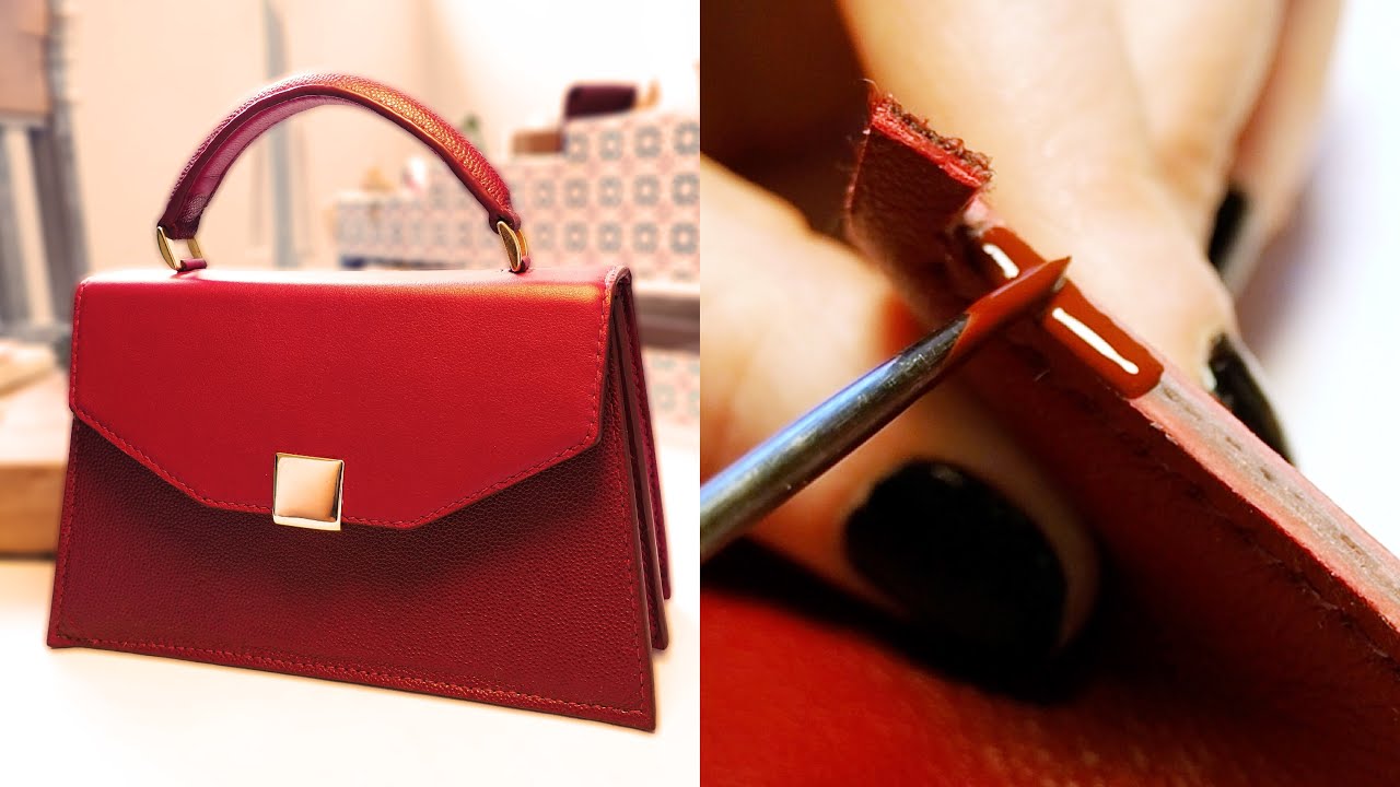 Making a red leather handbag with an accordion gusset