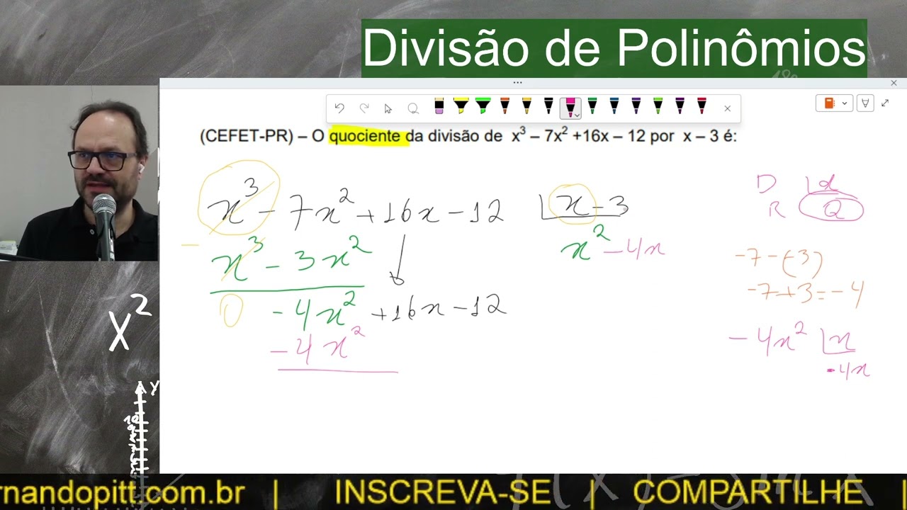 O quociente da divisão de x3-7x2+16x-12 por x-3 é: