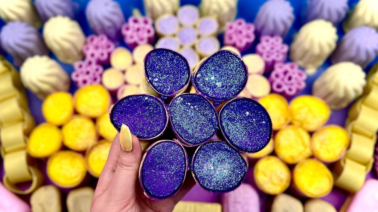 ASMR  Crushing foam boxes and soap boxes with starch 💛💜 Baking soda 💛💜 Cutting soap cubes 💛💜