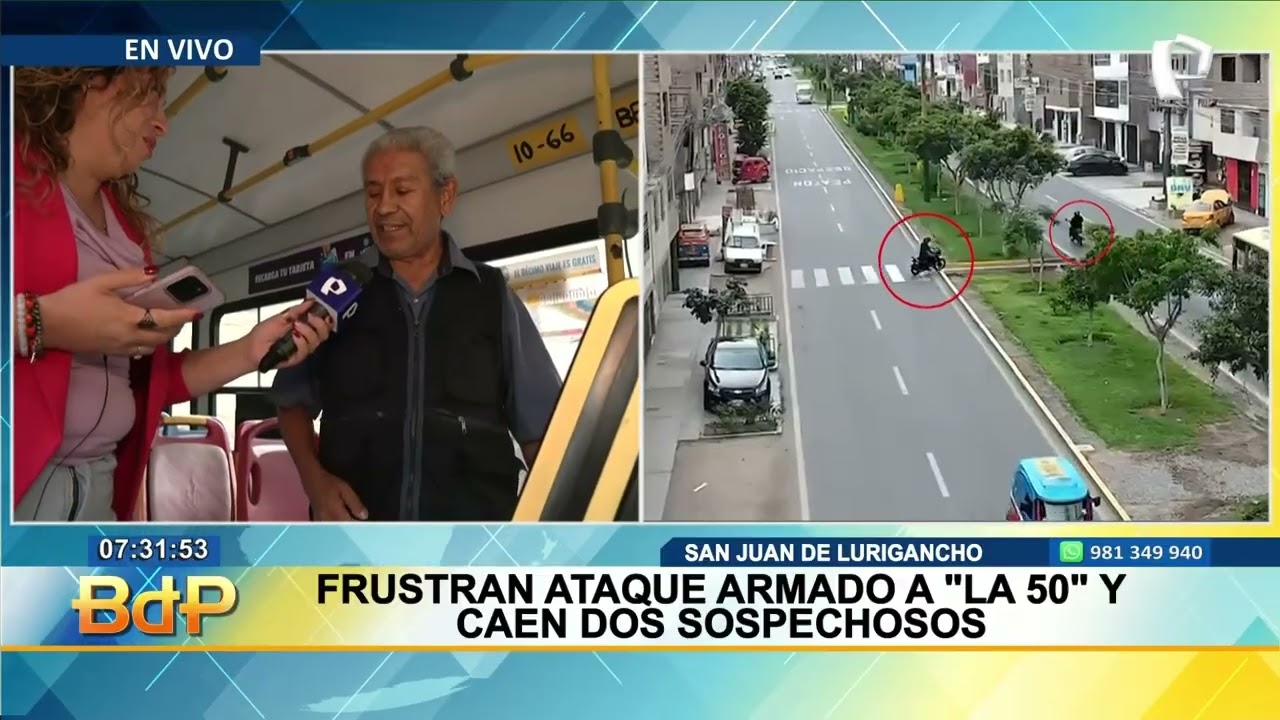 Agentes policiales resguardan buses de 'La 50' tras frustrado ataque armado en SJL (1/2)