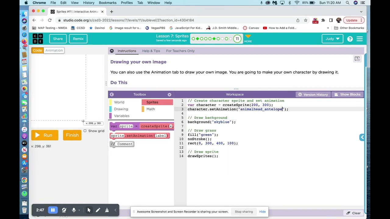 code.org Lesson 7 , level 11 Unit 3 answers explained. Animations and Games '22 '23