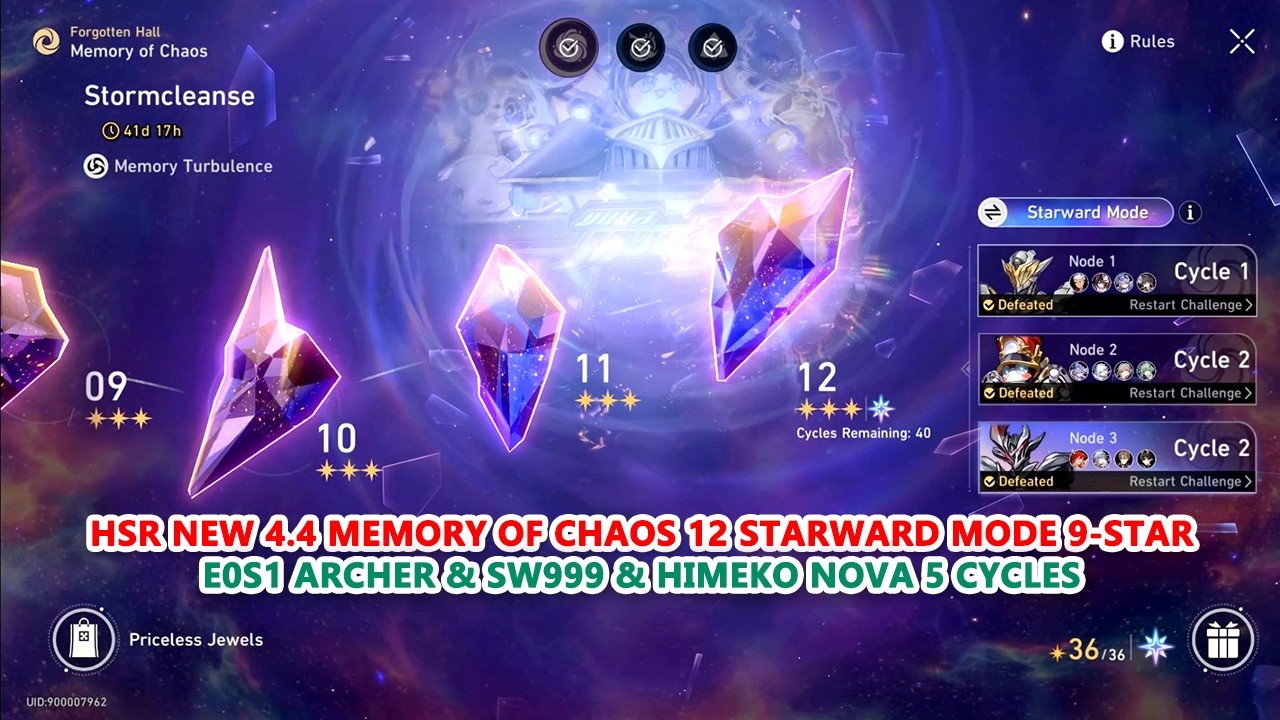 HSR New 4.4 Memory of Chaos 12 Starward Mode 9-Star | E0S1 Archer & SW999 & Himeko Nova 5 Cycles