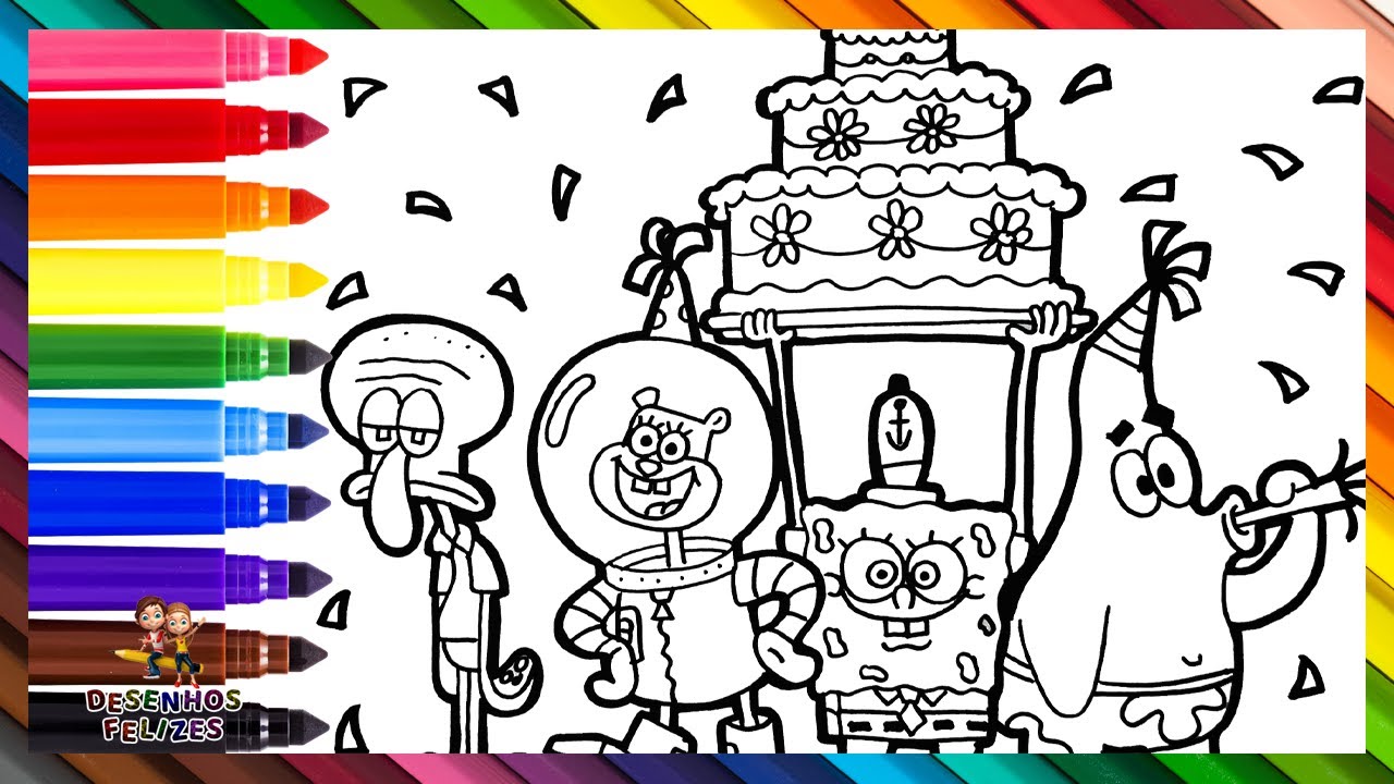 Desenhar e Colorir Bob Esponja e Seus Amigos em uma Festa 🧽🐙🐿️🦑🥳🎂🌊 Desenhos para Crianças