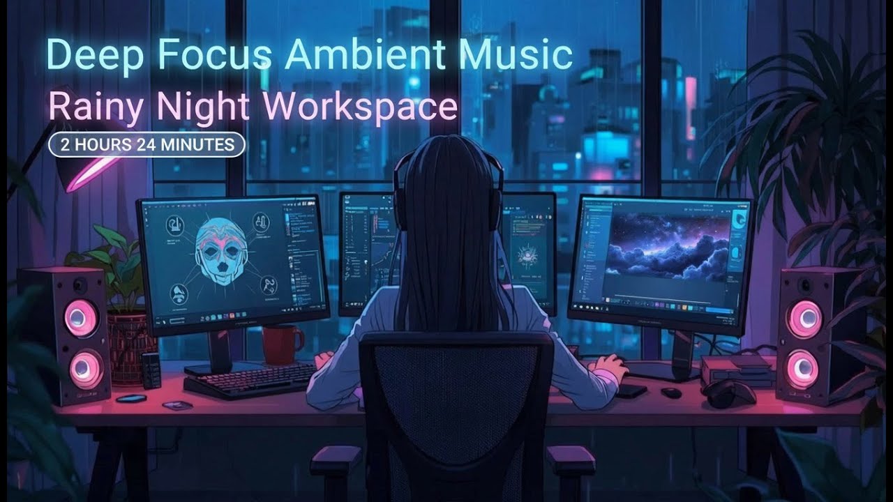 Deep Focus Ambient Music for Work & Study 🌧 Neon Rainy Night Workspace (2 Hours)