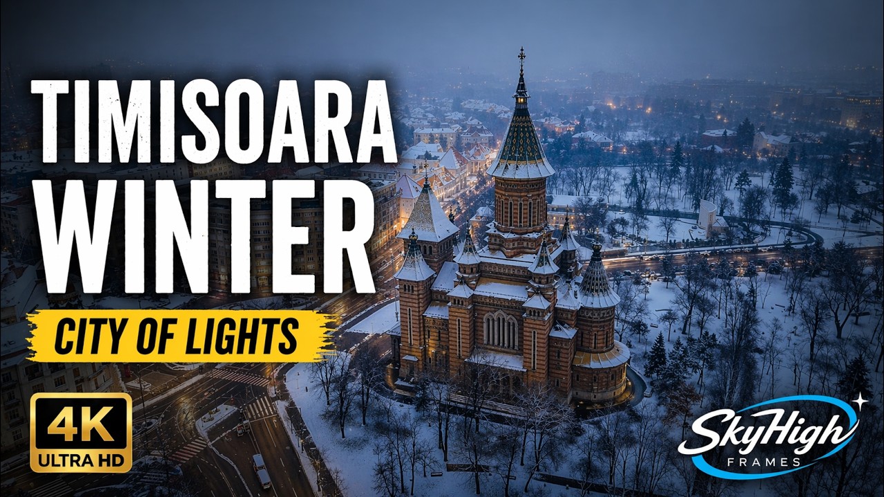 Timisoara Winter Snowfall Aerial City Tour 4K