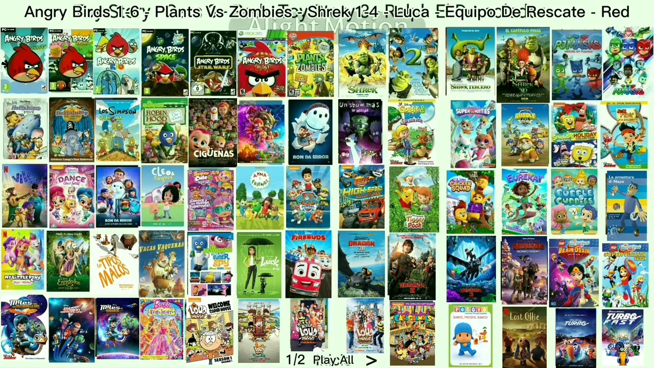 Angry Birds 1-6 - Plants Vs Zombies - Shrek 1-4 - Luca - Equipo De Rescate - Red 123 En 1 DVD Menu