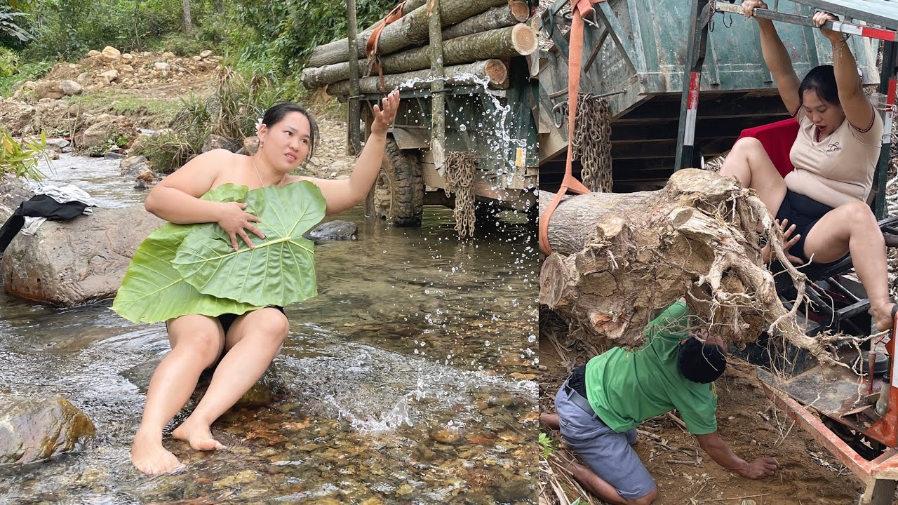Full video of a country girl transporting wood in a farm vehicle and moments of relaxation.