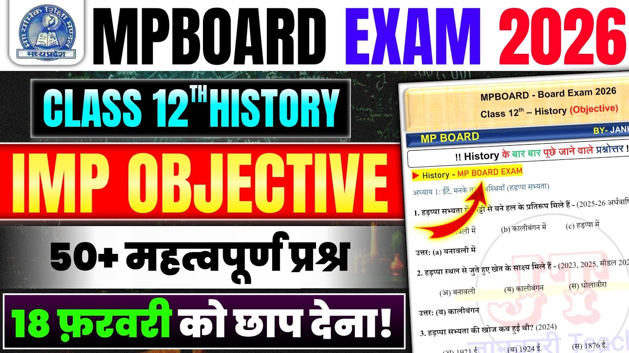 Mpboard Class 12th History Most imp Objective Questions 2026 | class 12 history mpboard exam paper
