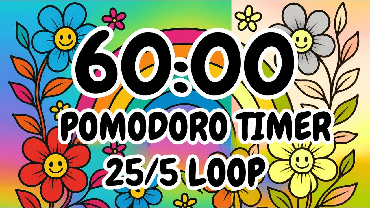 1 Hour Loopable Pomodoro Timer (25-5) | Relaxing Focus Music | Amazing Color Changing 24/7 Loop