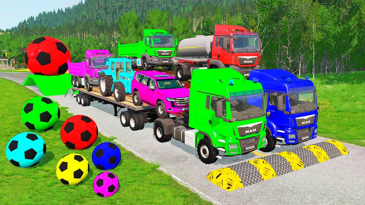 Flatbed Trailer McQueen Transportation with Truck - Speedbumps vs Cars vs Train - BeamNG.Drive #22