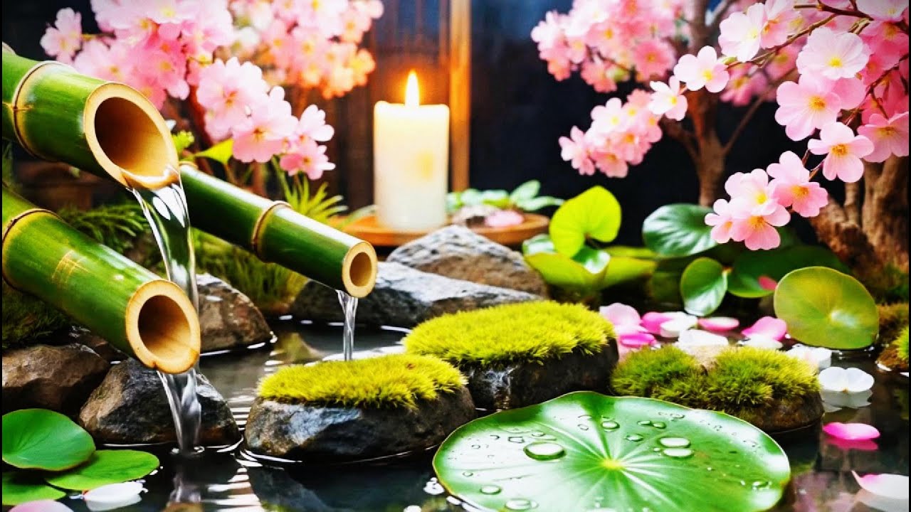 Tranquil Japanese Garden Ambience | Relaxing Music with Bamboo Water, Sakura & Candlelight
