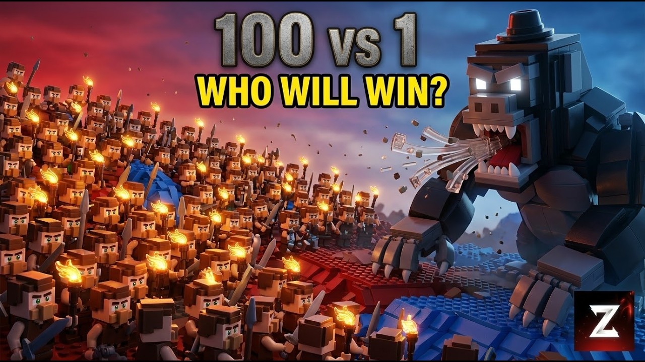 100 LEGO Villagers Fight Against 1 Gorilla