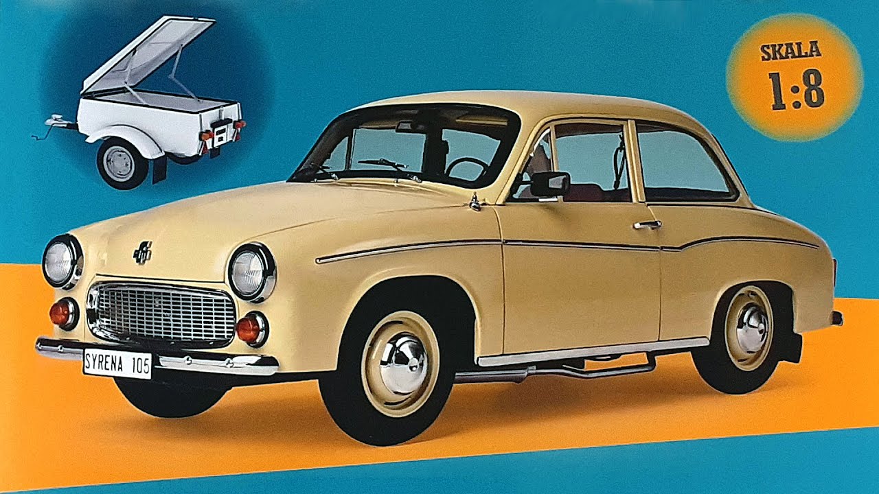Syrena 105 z przyczepą Niewiadów N250c do składania, skala 1:8, Degostini (prezentacja kolekcji)