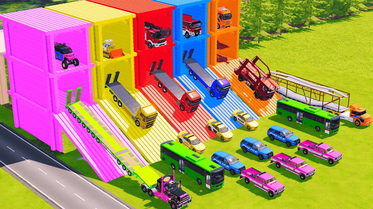 TRANSPOTING POLICE AND EMERGENCY VEHICLES, DUMP TRUCK, BACKHOE LOADER TO GARAGE - FS22