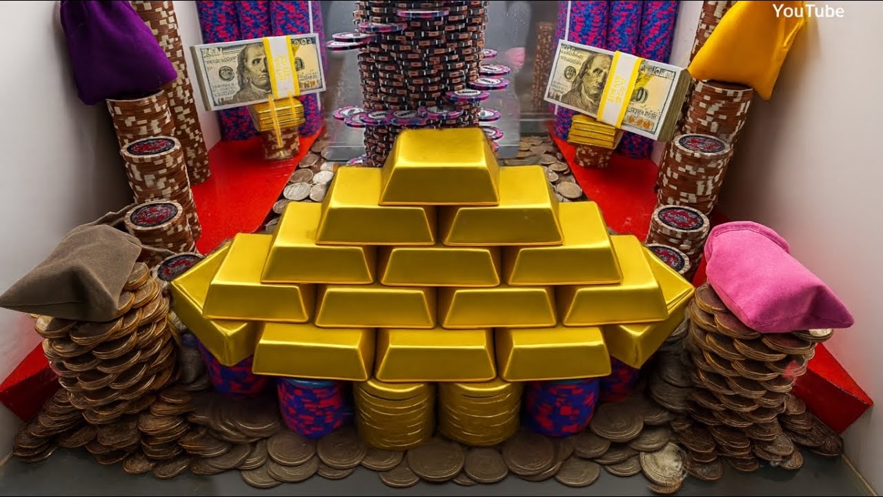 Massive golden wall spiral staircase, tower high limit coin pusher
