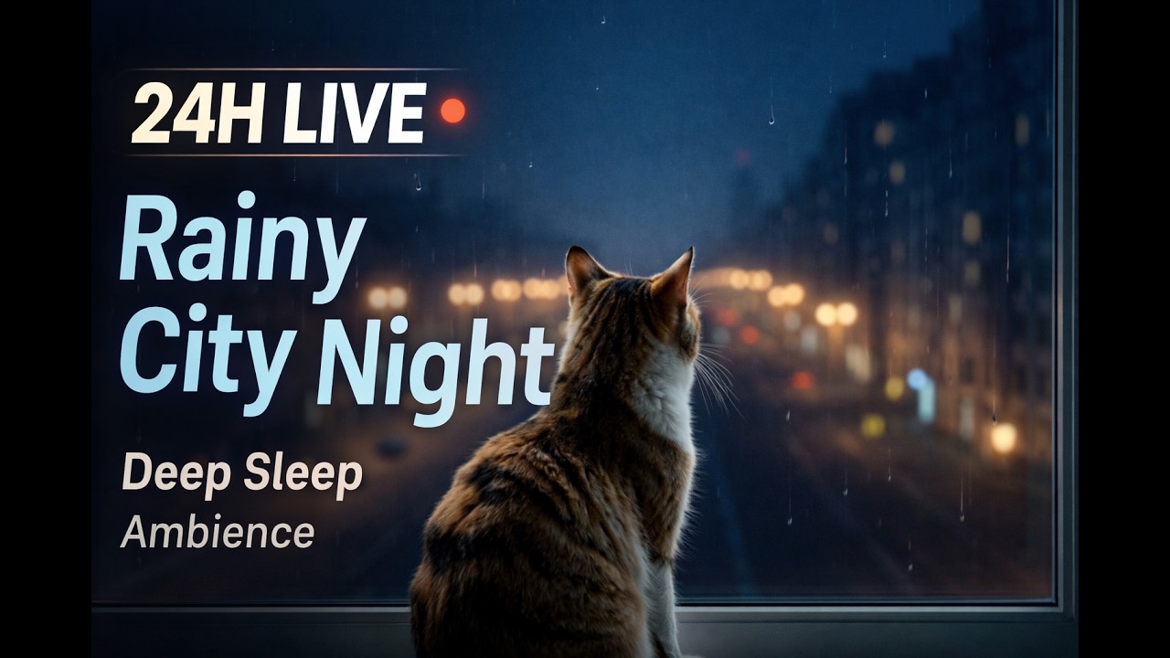 Dream Hearth Aurora 🌙 24H Cozy Rainy City Night | Cat Window Sleep Ambience